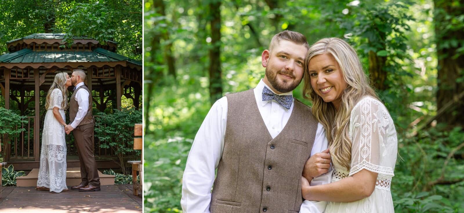 Bride and groom kiss under a woodsy gazebo